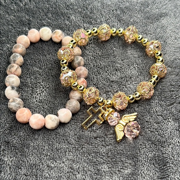 Set of 2 Bracelets Angel & Cross Charm Gold & Pink Beaded Dangling Charm Set - Picture 4 of 11